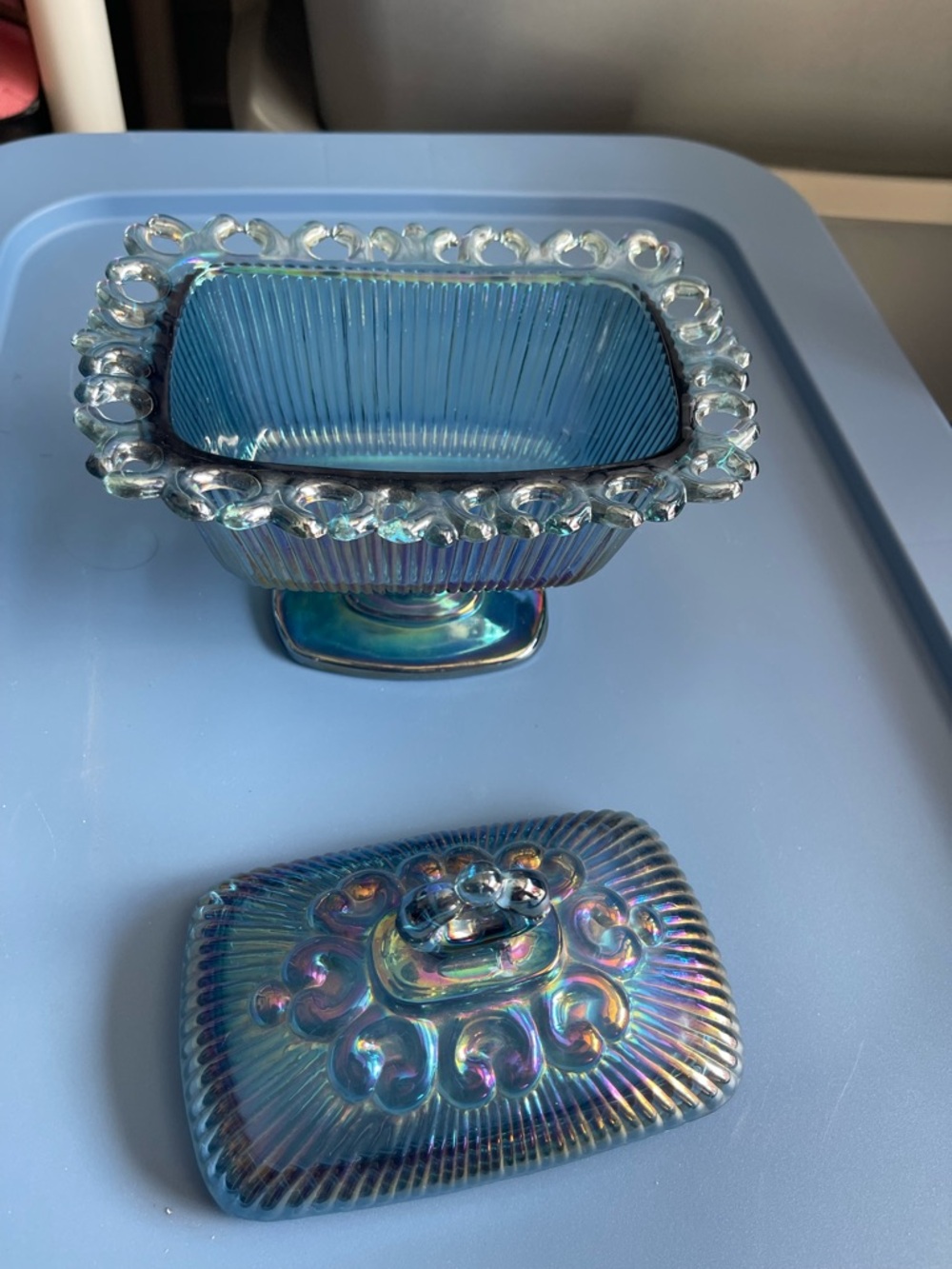 Iridescent Blue Glass Covered Dish - Decorative Home Accent
